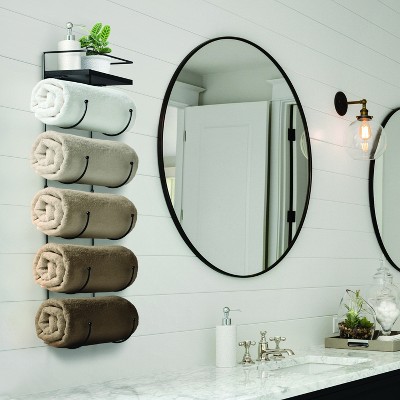 Black Wall Mounted 5-Tier Metal Towel Rack with Wood Shelf