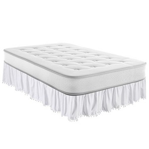 Legacy Decor Queen/King Bed Skirt Dust Ruffle with Pom-Pom Fringe 100% Brushed Microfiber with 14" Drop White Color - 1 of 4
