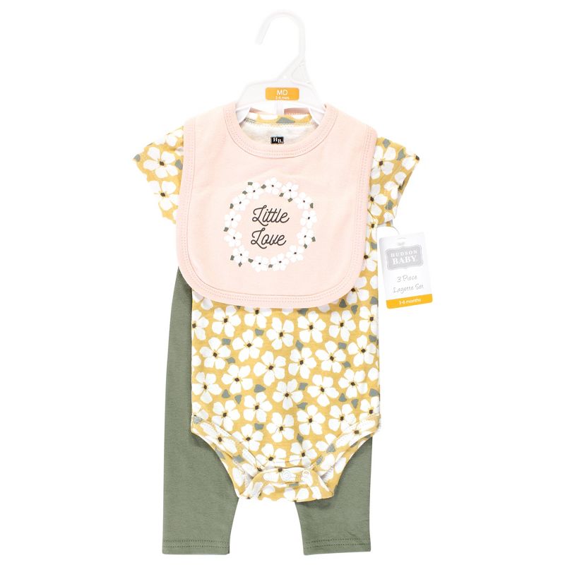 Hudson Baby Infant Girl Cotton Bodysuit, Pant and Bib Set, Sage Floral Wreath, 2 of 6