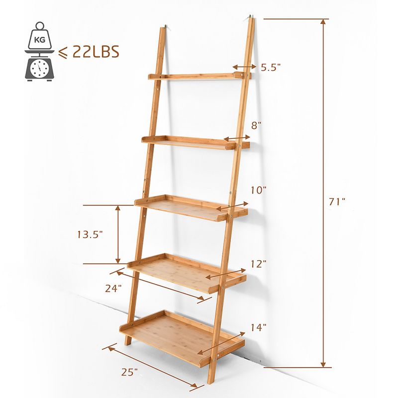 Costway 5-Tier Ladder Shelf Bamboo Bookshelf Wall-Leaning Storage Display Plant Stand, 3 of 11