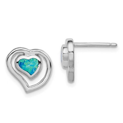 Black Bow Jewelry 10mm Created Blue Opal Double Heart Post Earrings in Sterling Silver
