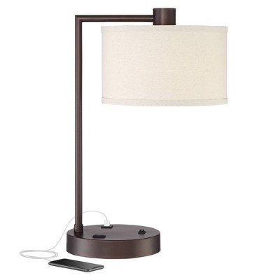 360 Lighting Modern Desk Table Lamp with USB and AC Power Outlet in Base 21" High Bronze Linen Uno Fitter Drum Shade for Bedroom Bedside Office