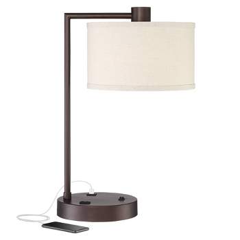 360 Lighting Colby Modern Desk Lamp 21" High Bronze with USB and AC Power Outlet in Base White Linen Drum Shade for Bedroom Living Room Office Family