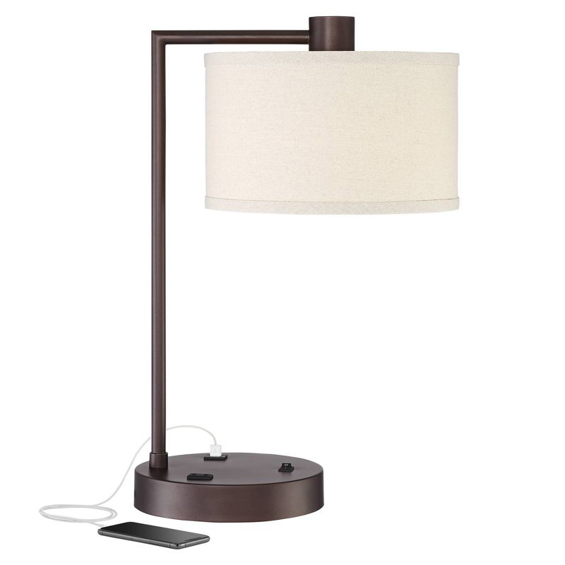 360 Lighting Colby Modern Desk Lamp 21" High Bronze with USB and AC Power Outlet in Base White Linen Drum Shade for Bedroom Living Room Office Family, 1 of 10