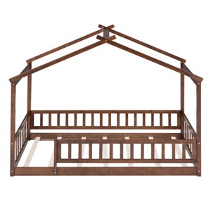 TopComfy Beds Twin Size Wood House Bed Frame With Fence Walnut Finish Solid Wood Construction Safe Edge Details for Kids, Brown, 79.13"*16.61"*5.51" - 1 of 4