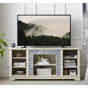 58" Modern TV Media Stand with Faux Stacked Stone Surround, Entertainment Console with Open Storage Shelves, Fireplace Mantel Style Design - 1 of 4