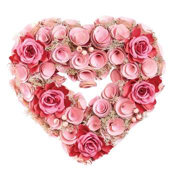 Collections Etc Wooden Pink and Red Roses Heart-Shaped Wreath