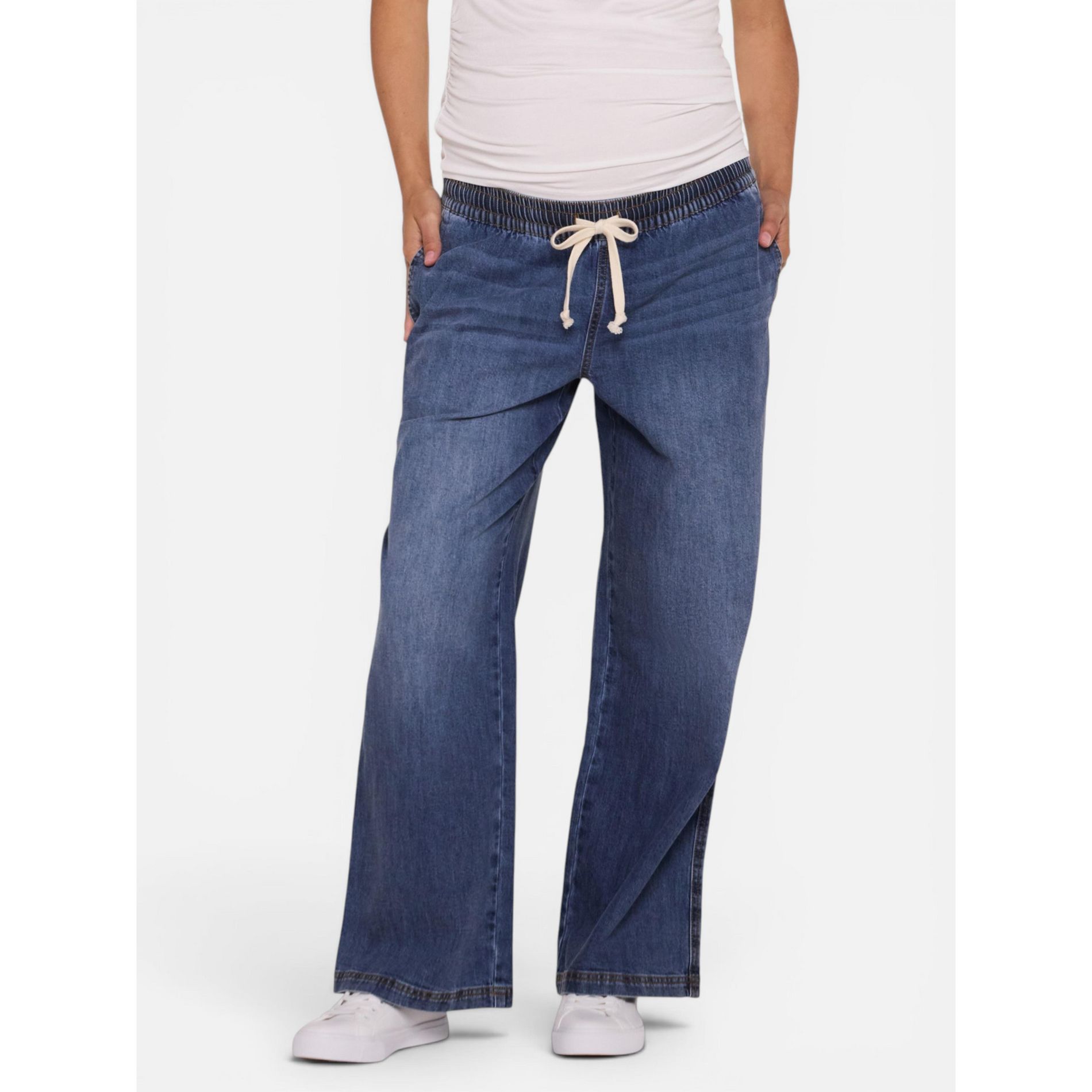 Women's Under the Belly Tie Waist Denim Wide Leg Pant - Jane Wash - Size: Medium - Motherhood Maternity