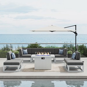 LayinSun 9-Piece Large Outdoor Modular L-Shaped Sectional Set with Propane Fire Pit Table - 1 of 4