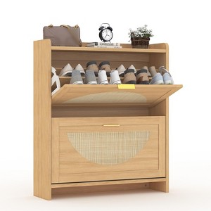 Rattan Shoe Storage Cabinet with 2 Flip Drawers, Hidden Shoe Storage Organizer, Freestanding Narrow Shoe Rack Cabinet For Hallway Living Room - 1 of 4