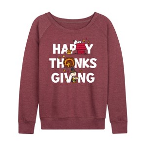 Women's - Peanuts - Happy Thanksgiving Icons Lightweight French Terry Wide Neck Long Sleeve Graphic Shirt - 1 of 4
