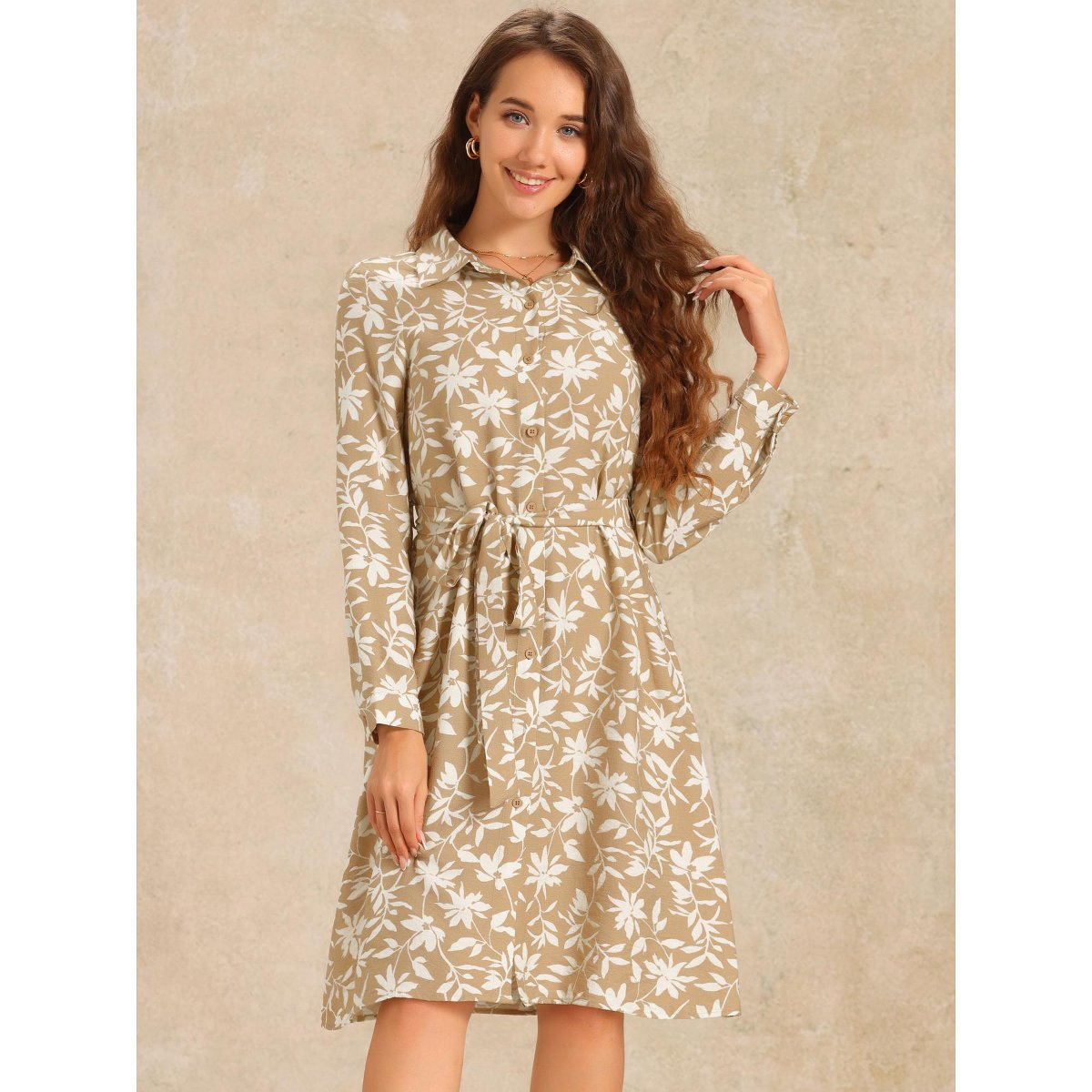 Женские платья INSPIRE CHIC Women's Floral Turndown Collar Long Sleeve Slit Tie Waist Shirt Dresses Khaki Medium — фото 4