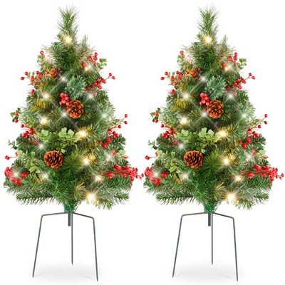 Best Choice Products Set of 2 24.5in Outdoor Pathway Christmas Trees Decor w/ LED Lights, Berries, Pine Cones, Ornaments