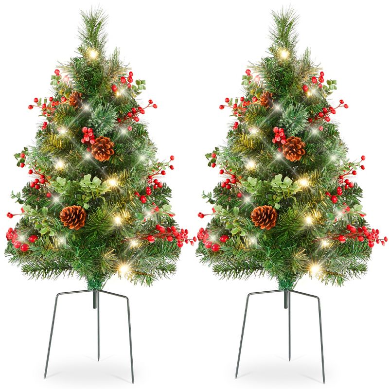 Best Choice Products Set of 2 24.5in Outdoor Pathway Christmas Trees Decor w/ LED Lights, Berries, Pine Cones, Ornaments, 1 of 9