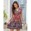 Coolmee Women's Boho Floral Mini Dress Casual Print Short Sleeve V Neck Summer Dress High Waisted Swing Ruffle Summer Dress - 3 of 4