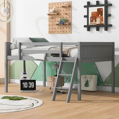 NicBex Full Size Low Loft Bed with Ladder,Loft Bed Frame with Guardrails,Bed Frame for Kids,Box Spring Not Required,Gray