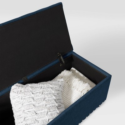 Navy Blue Tufted Fabric Storage Ottoman with Nailhead Trim