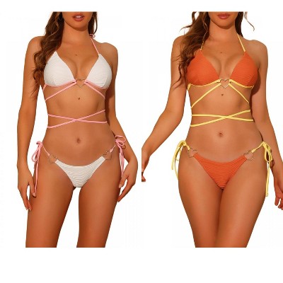 Elerevyo Women's Heart Ring Halter Contrast Color Lace Up Ribbed Swimwear Bathing Suits 2 Sets