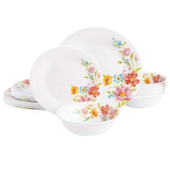 Gibson Ultra 18pc Opal Tempered Glass Floral Decal Dinnerware Set