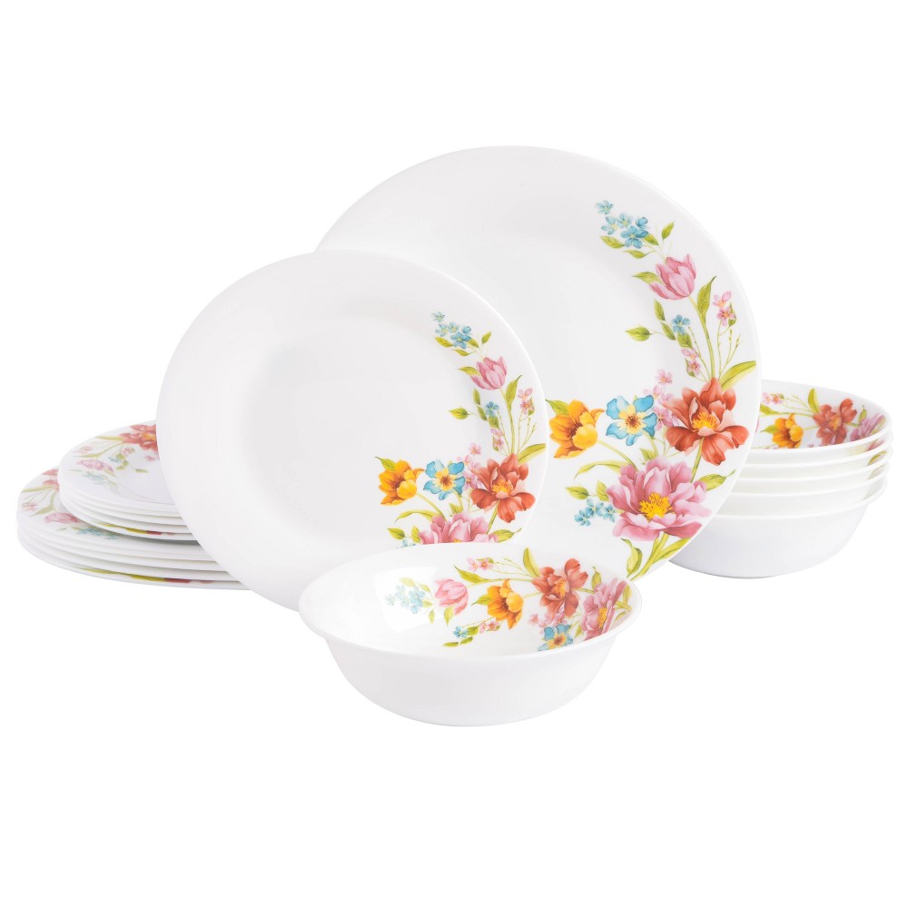 Photos - Other kitchen utensils Gibson Ultra 18pc Opal Tempered Glass Floral Decal Dinnerware Set Red