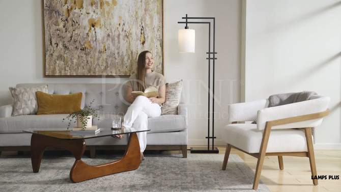 Possini Euro Design Torrance Modern Industrial 65" Tall Downbridge Arc Floor Lamp Matte Black Warm Gold Frosted Glass Shade for Living Room, 2 of 11, play video