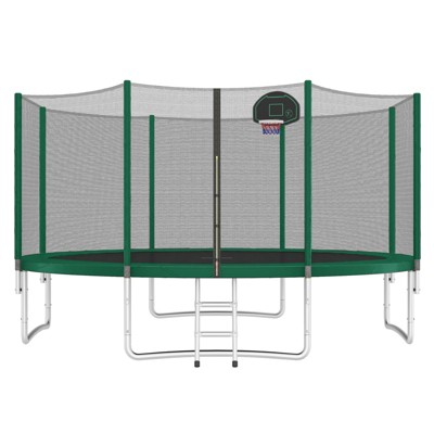 VisioGear 14FT Trampoline for Kids with Safety Enclosure Net, Basketball Hoop and Ladder, Round Outdoor Recreational Trampoline, Green, 168"*168"*105"