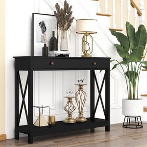 MOEPISY Console Table with Drawer and Storage Shelves, Foyer Entryway Sofa Table, Black - 1 of 4