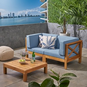 GDFStudio Keith Outdoor Acacia Wood Loveseat and Coffee Table Set with Cushions - 1 of 4