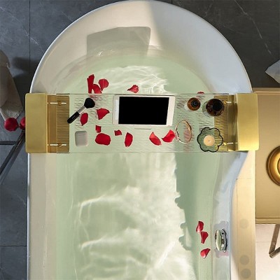 Angel Sar Extendable Bathtub Tray, 24-29 Inch Acrylic & Aluminum Bath Caddy with Anti-Slip Mat, Clear & Gold