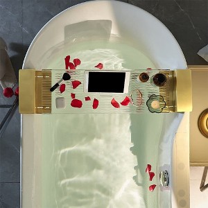 Angel Sar Extendable Bathtub Tray, 24-29 Inch Acrylic & Aluminum Bath Caddy with Anti-Slip Mat, Clear & Gold - 1 of 4