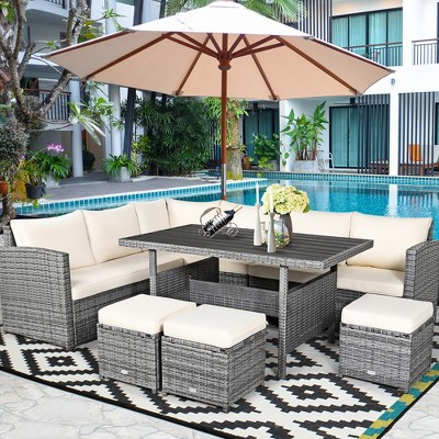 Costway 7 PCS Patio Rattan Dining Set Sectional Sofa Couch Ottoman Garden White\Red\Black