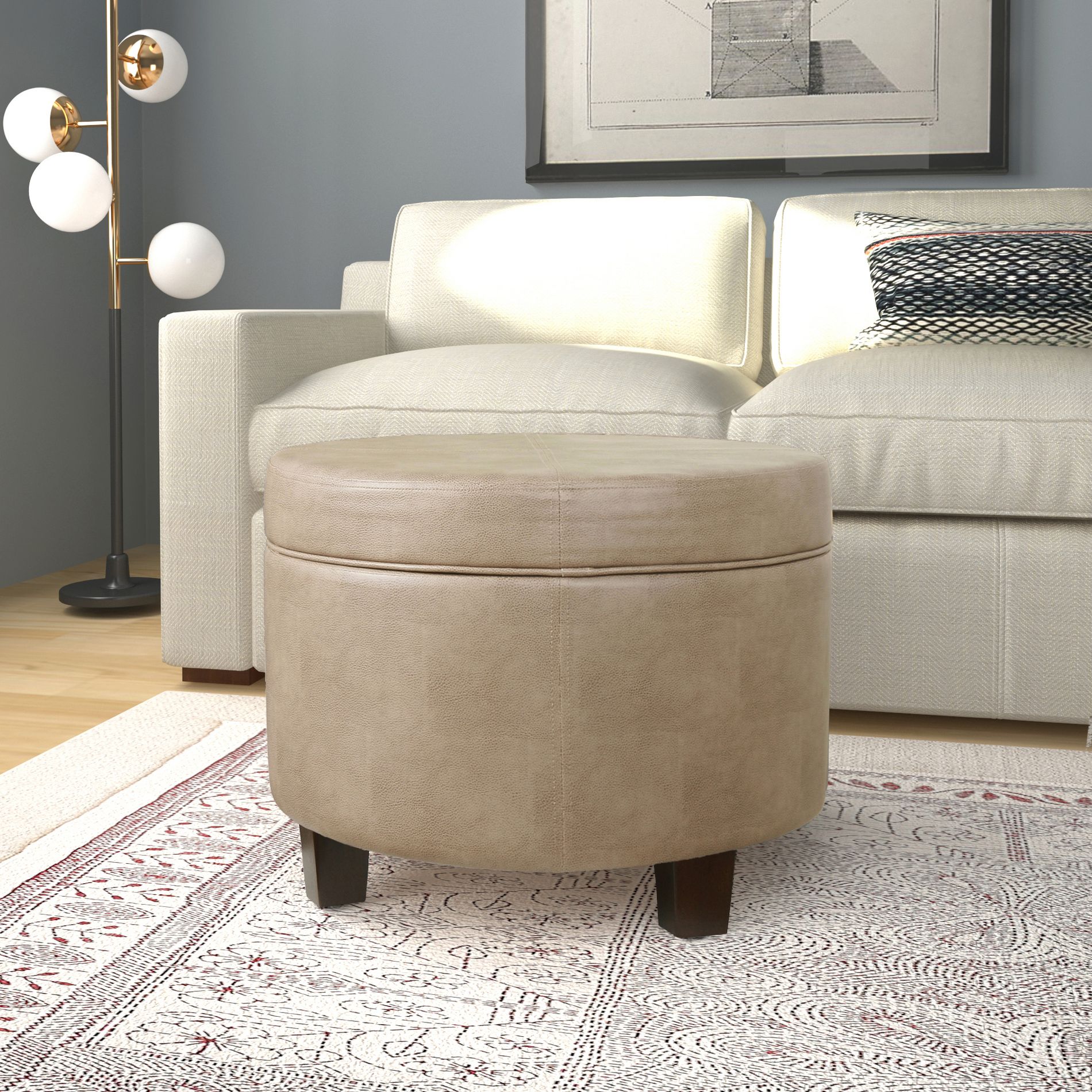 Round Faux Leather Storage Ottoman Taupe - HomePop