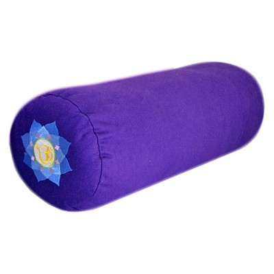 YogaAccessories Supportive Natural Cotton and Synthetic Batting Portable Round Yoga Bolster with Embroidered Lotus Flower and Removable Cover, Purple