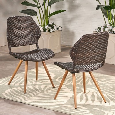 Grungis Outdoor Dining Chairs Set of 2, PE Wicker Patio Chairs with Wood-Finish Iron Legs,All-Weather for Garden,Backyard,Brown