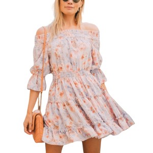 Amaryllis Women's Off-Shoulder Floral Print Mini Dress with Smocked Bodice Ruffled Hem Casual Dressy - 1 of 4
