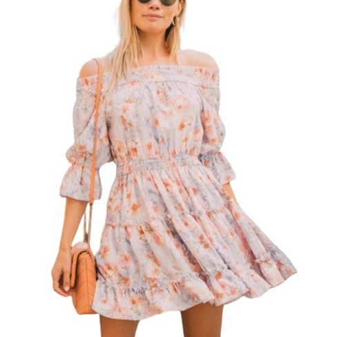 Amaryllis Women's Off-Shoulder Floral Print Mini Dress with Smocked Bodice Ruffled Hem Casual Dressy - image 1 of 4