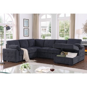 L-Shaped Sectional Sofas with Pull-Out Loveseat Sleeper, Storage Chaise, and Toss Pillows, Available in Dark Gray, Light Gray, or Beige - 1 of 4