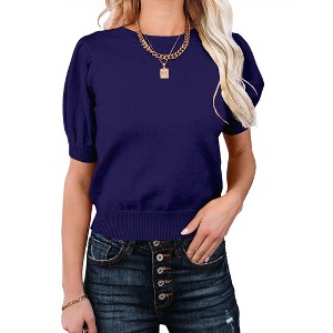 Women's Short Sleeve Sweater Tops 2025 Spring Summer Trendy Crew Neck Casual T Shirts Blouses,Navy Blue - L - 1 of 4