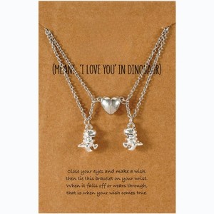 Dinosaur Couple Necklace Set - 2Pcs Matching Heart Pendant for Him & Her, Adjustable Friendship Gift - 1 of 4