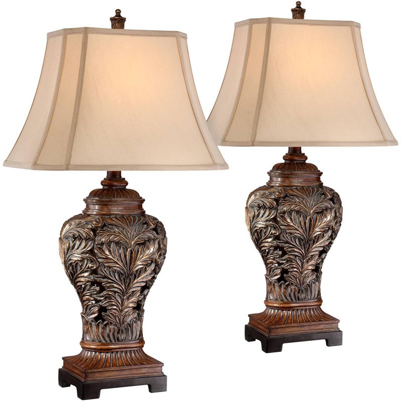 Barnes and Ivy Traditional Table Lamps 32.5" Tall Set of 2 Bronze Curling Leaves Tan Rectangular Shade for Living Room Family Bedroom Bedside, 1 of 10