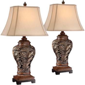 Barnes and Ivy Traditional Table Lamps 32.5" Tall Set of 2 Bronze Curling Leaves Tan Rectangular Shade for Living Room Family Bedroom Bedside