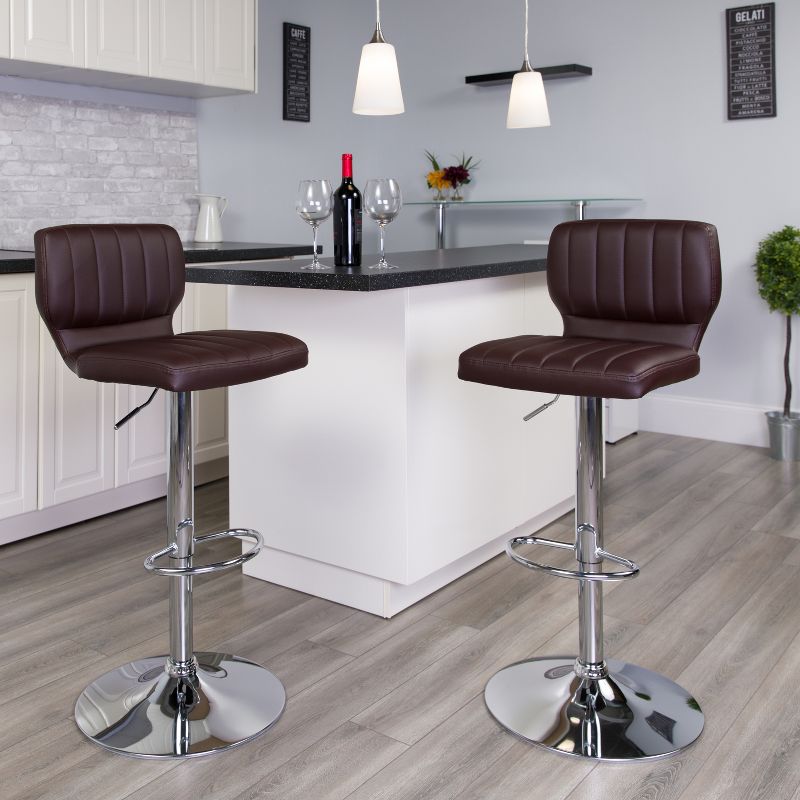 Emma and Oliver 2 Pack Contemporary Vinyl Adjustable Height Barstool with Vertical Stitch Back and Chrome Base, 2 of 7