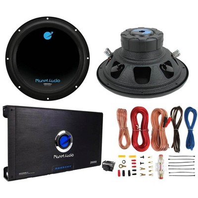 Planet Audio AC12D 12 inch 3600 Watt Subwoofers 2 Pack and 2600 Watt 2 Channel Amplifier 1 Pack and 8 Gauge Complete Amplifier Installation Kit