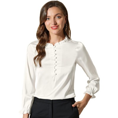 Allegra Women's Ruffle Neck Long Sleeve Elastic Cuff Button Work Office Satin Shirt Blouse White X-small : Target