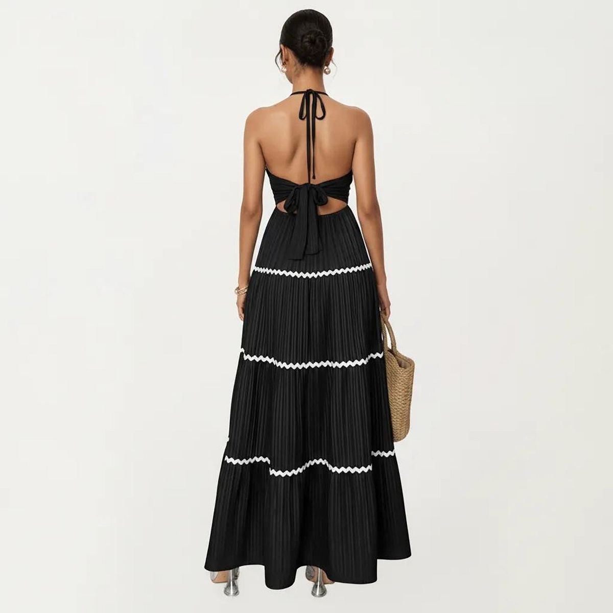 Anna-Kaci Women's Halter Neck Maxi Dress with Pleated Skirt and Tiered Trim Detail - thumbnail 3