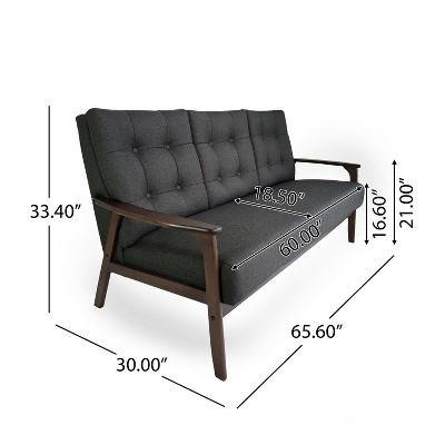 Mid-Century Tufted Black Fabric Sofa with Walnut Wood Frame