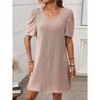 Coolmee Women Casual Contrast Color V Neck Smocked Puff Short Sleeve Twist Mini Dress - 4 of 4
