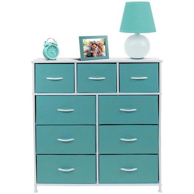 Aqua 9-Drawer Steel Frame Nursery Dresser with Fabric Bins
