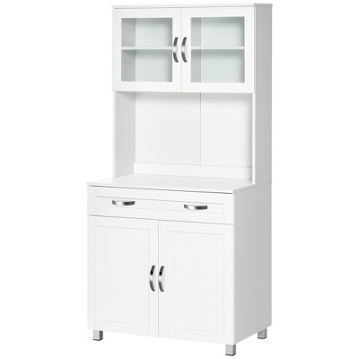 Modern White Kitchen Hutch with Glass Doors and Ample Storage