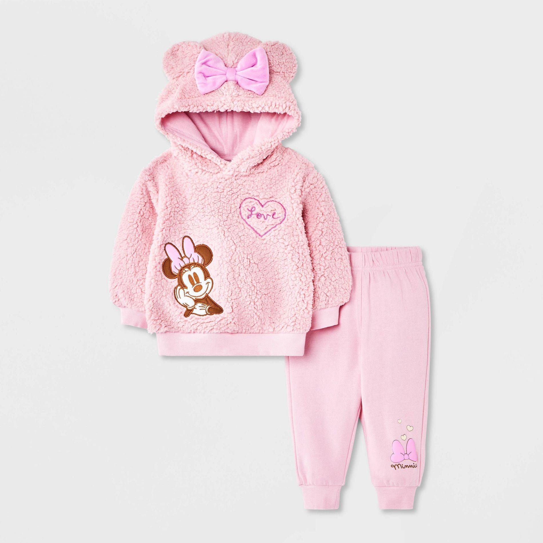 Baby Girls' 2pc Disney Minnie Mouse Cozy Fleece Hooded Sweatshirt and Pants Set - Pink